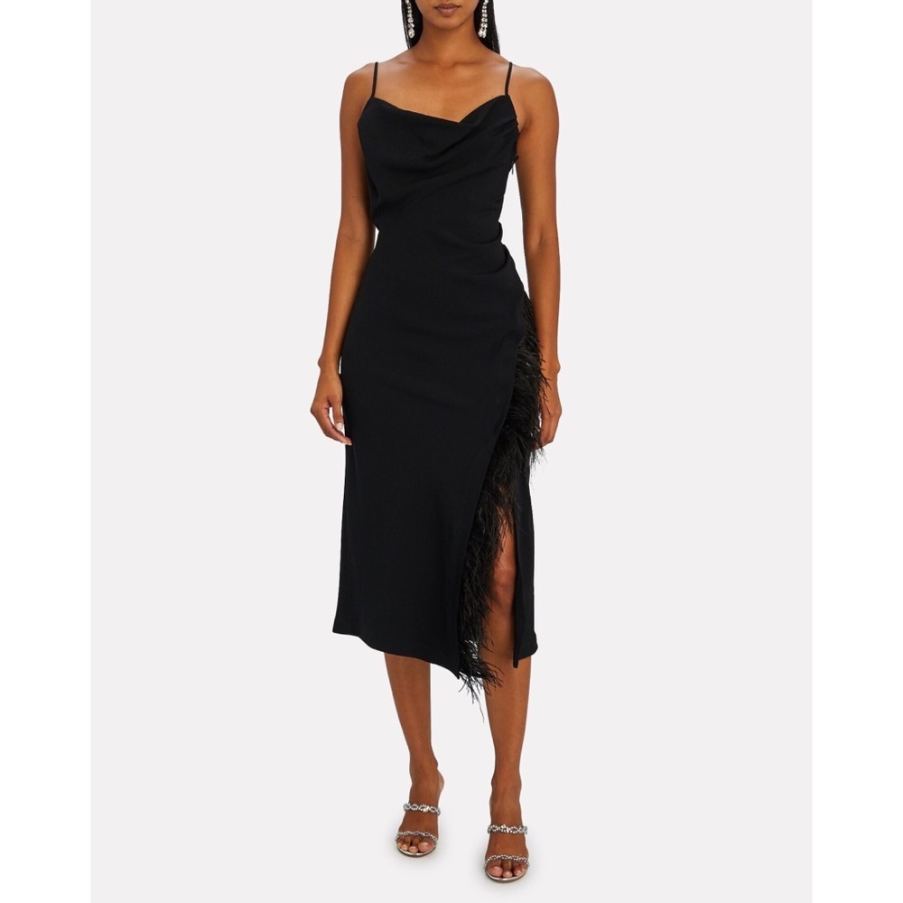 Derek Lam Nellie Cowl Neck Feather Hem Midi Dress